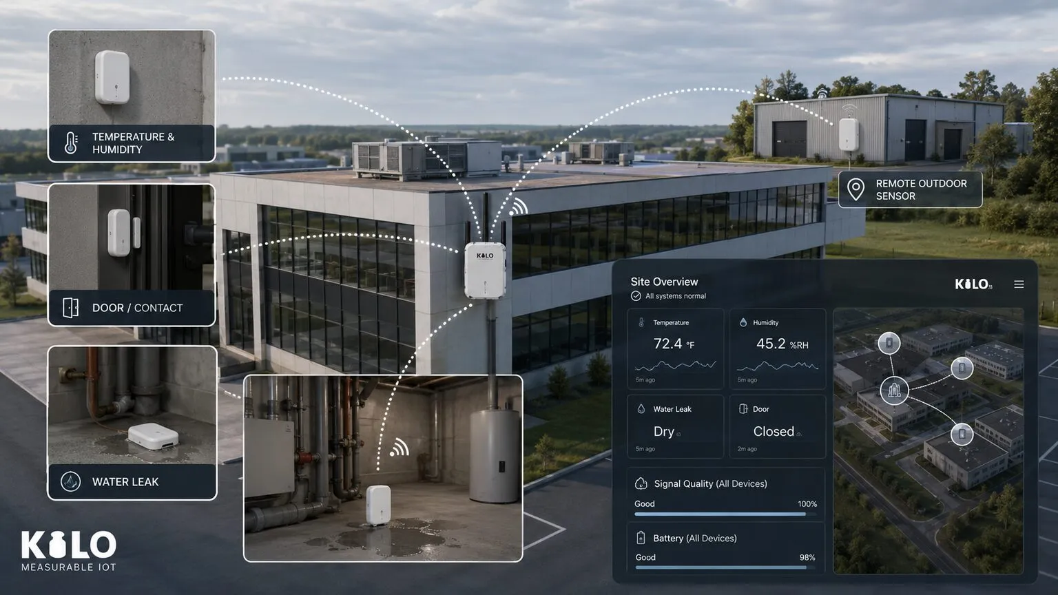 Sensori LoRaWAN che trasmettono a un gateway e a una dashboard in tempo reale su un grande sito