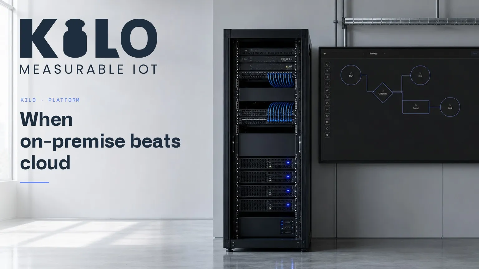 Un rack server on-premise accanto a uno schermo a parete con la tela visiva del motore di regole di Kilo