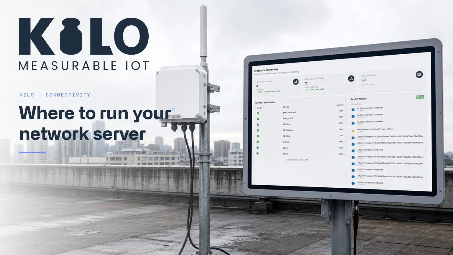 Un gateway LoRaWAN su un tetto accanto a uno schermo con la panoramica del network server di Kilo: stazioni base, endpoint connessi e stato dei servizi