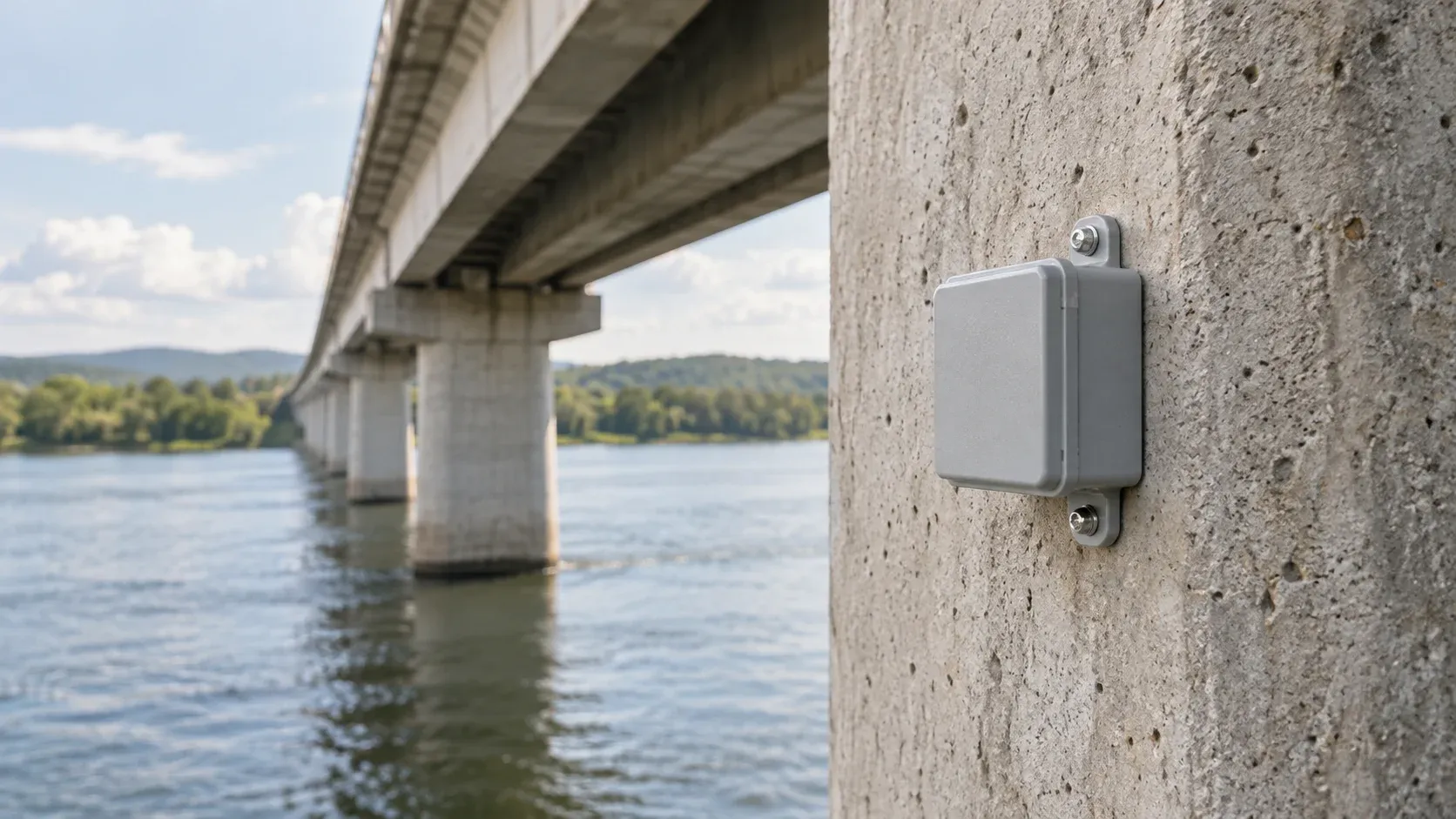 Sensore wireless fissato a una pila in calcestruzzo di un ponte sopra un fiume.