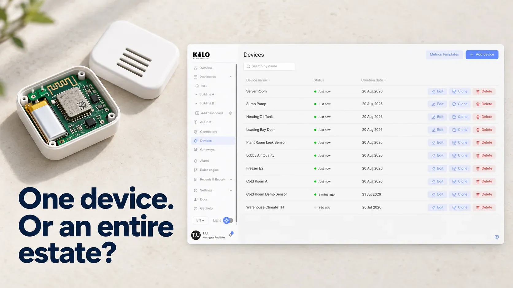 Un sensore wireless aperto con la sua scheda accanto all’inventario dispositivi di Kilo e al testo “One device. Or an entire estate?”.