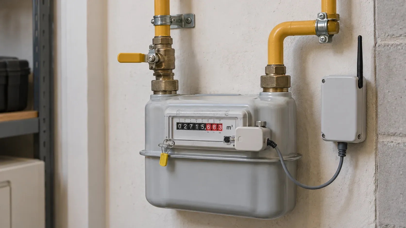 Un contatore del gas con lettore di impulsi in retrofit e modulo radio su una tubazione del gas fissata saldamente.