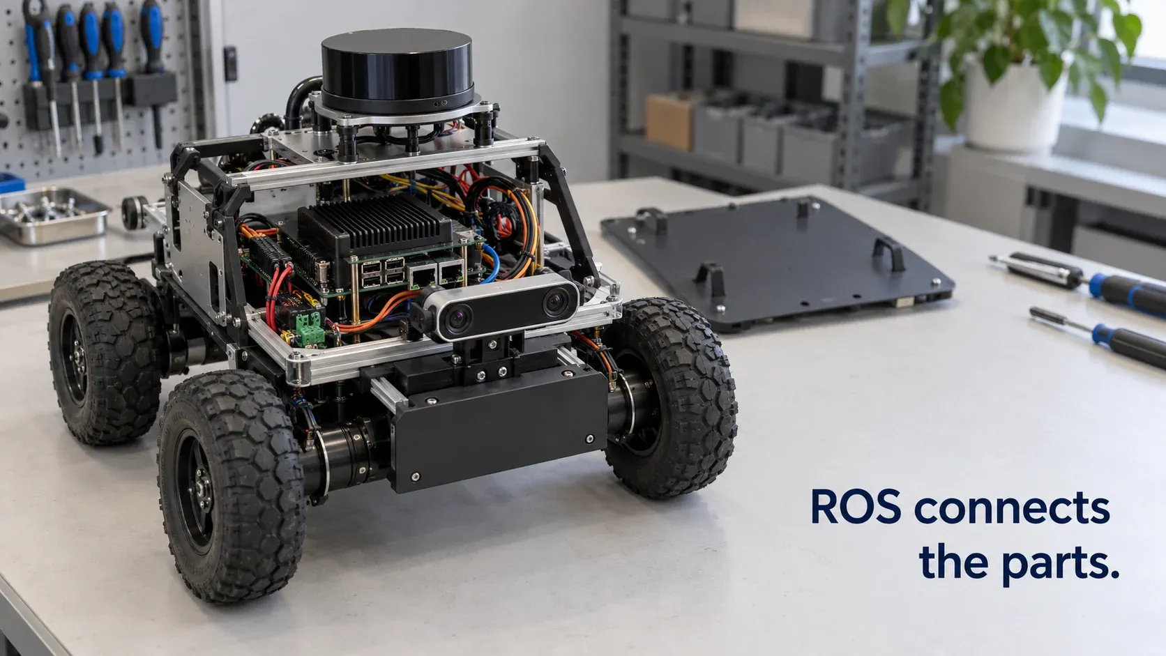 Un rover di ricerca su ruote aperto, con in vista lidar, telecamera, computer di bordo ed elettronica dei motori.