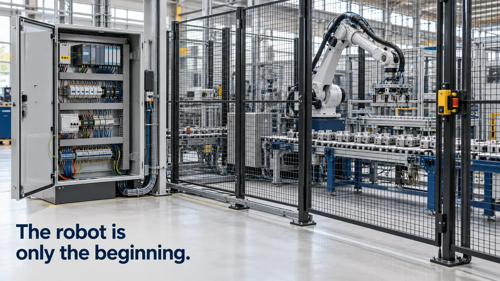 Una cella robotizzata protetta con nastro trasportatore, interblocco di sicurezza e quadro PLC adiacente, che mostra la portata dell’integrazione robotica.