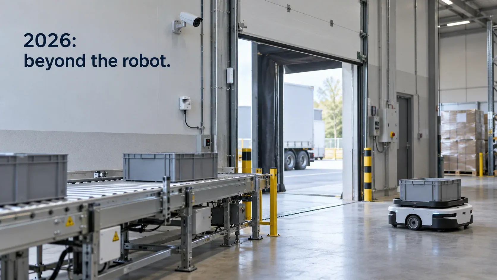 Una banchina di carico con sensore porta, telecamera, trasportatore e piccolo robot mobile, con il testo “2026: beyond the robot.”.