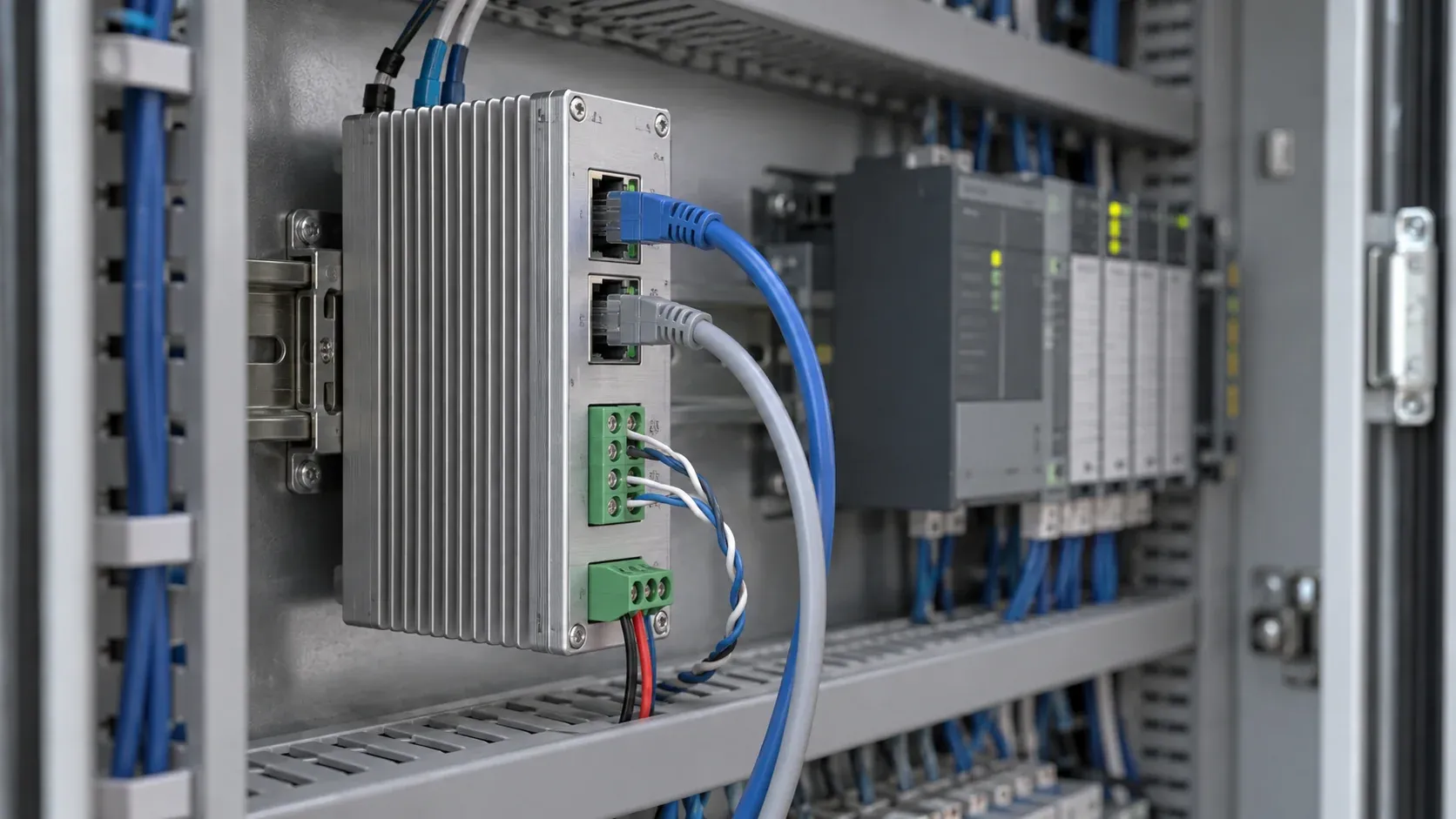 Un gateway industriale su guida DIN collega cablaggi Ethernet e seriali accanto a un PLC.