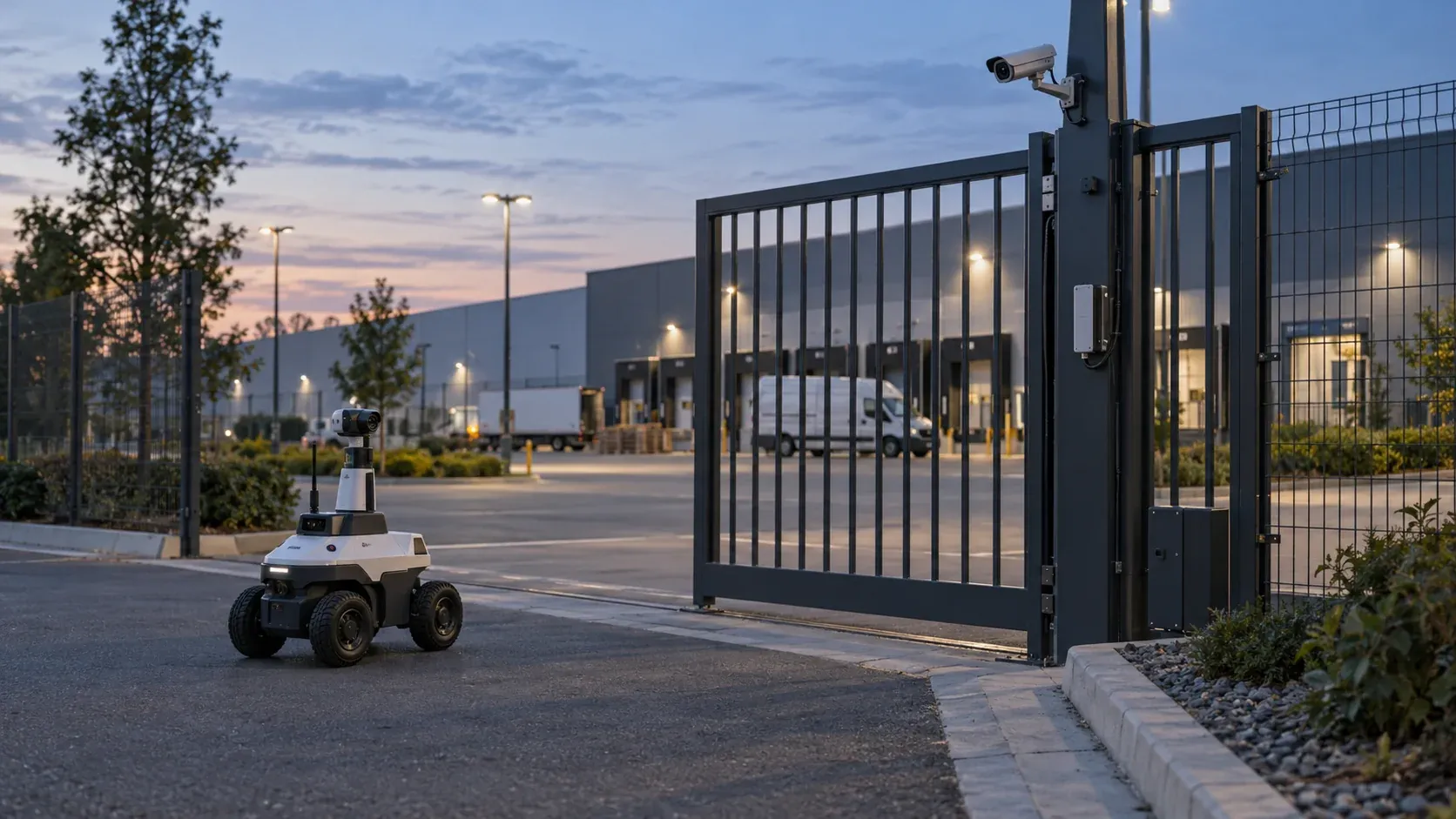 Un robot di pattugliamento su ruote si avvicina a un cancello logistico sorvegliato da una telecamera fissa e da un sensore sul cancello.