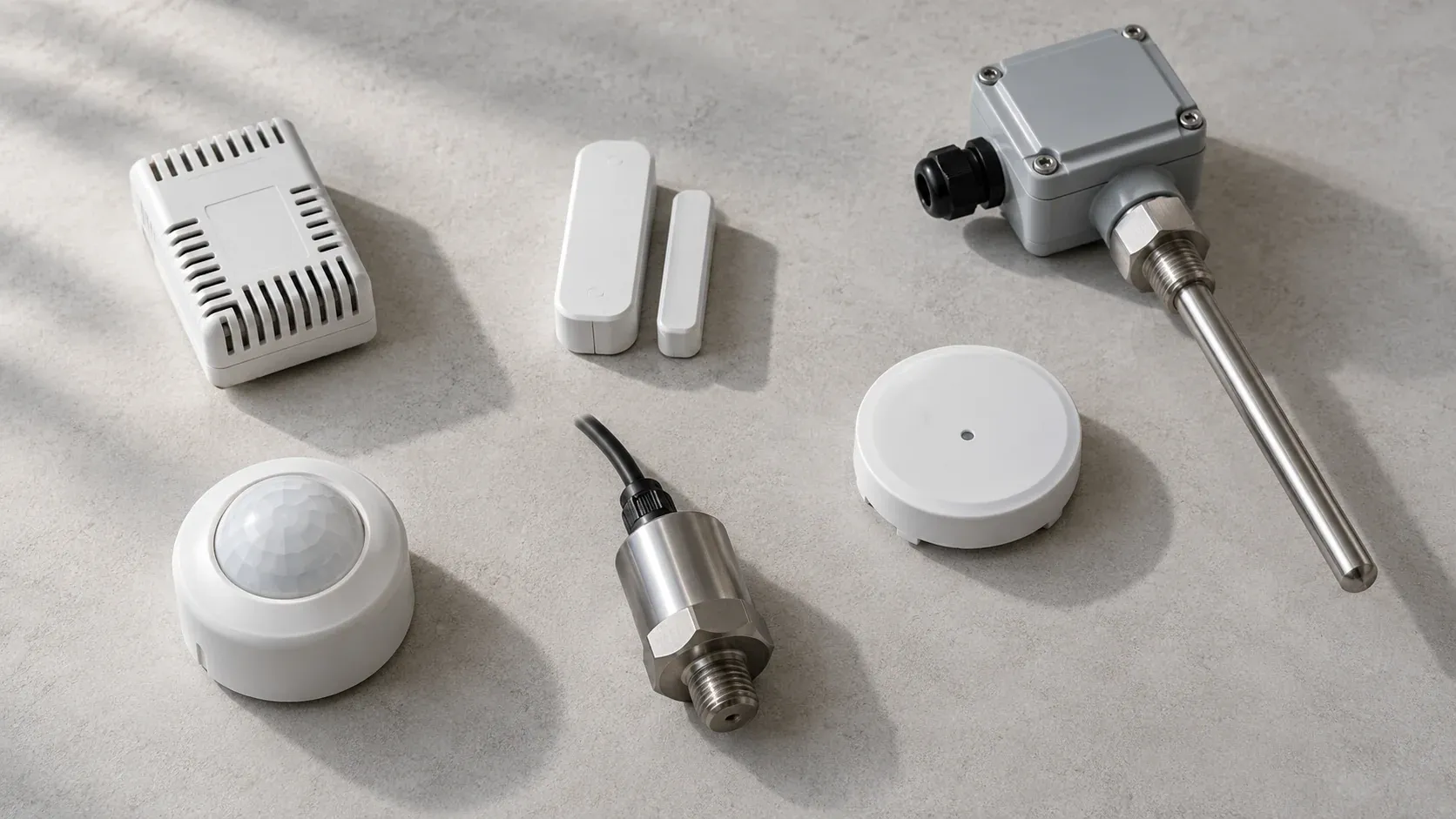Sei diversi sensori IoT fisici per clima, porte, perdite d’acqua, presenza, vibrazioni e misura di livello.