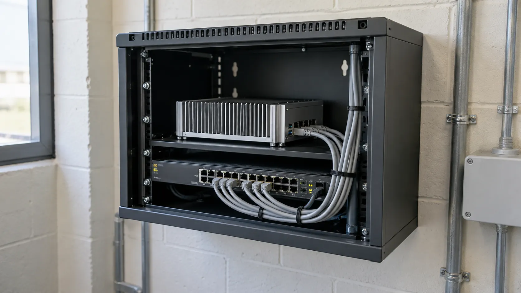 Un computer industriale e uno switch di rete in un piccolo armadio