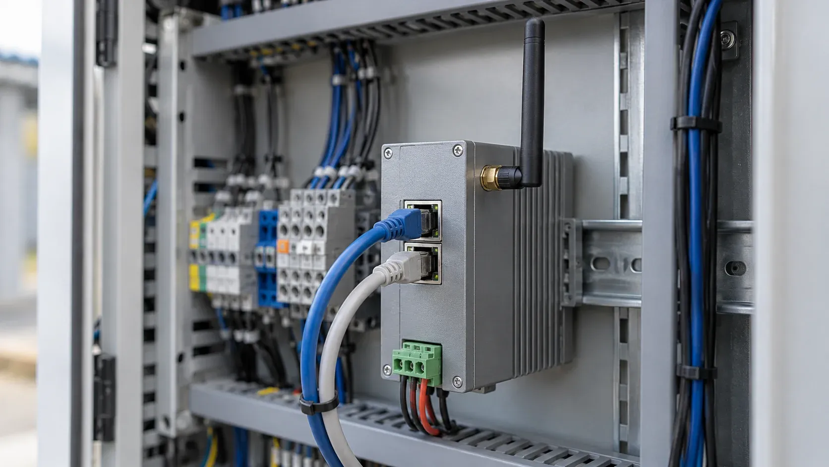 Gateway industriale con connessioni Ethernet dentro un quadro elettrico.