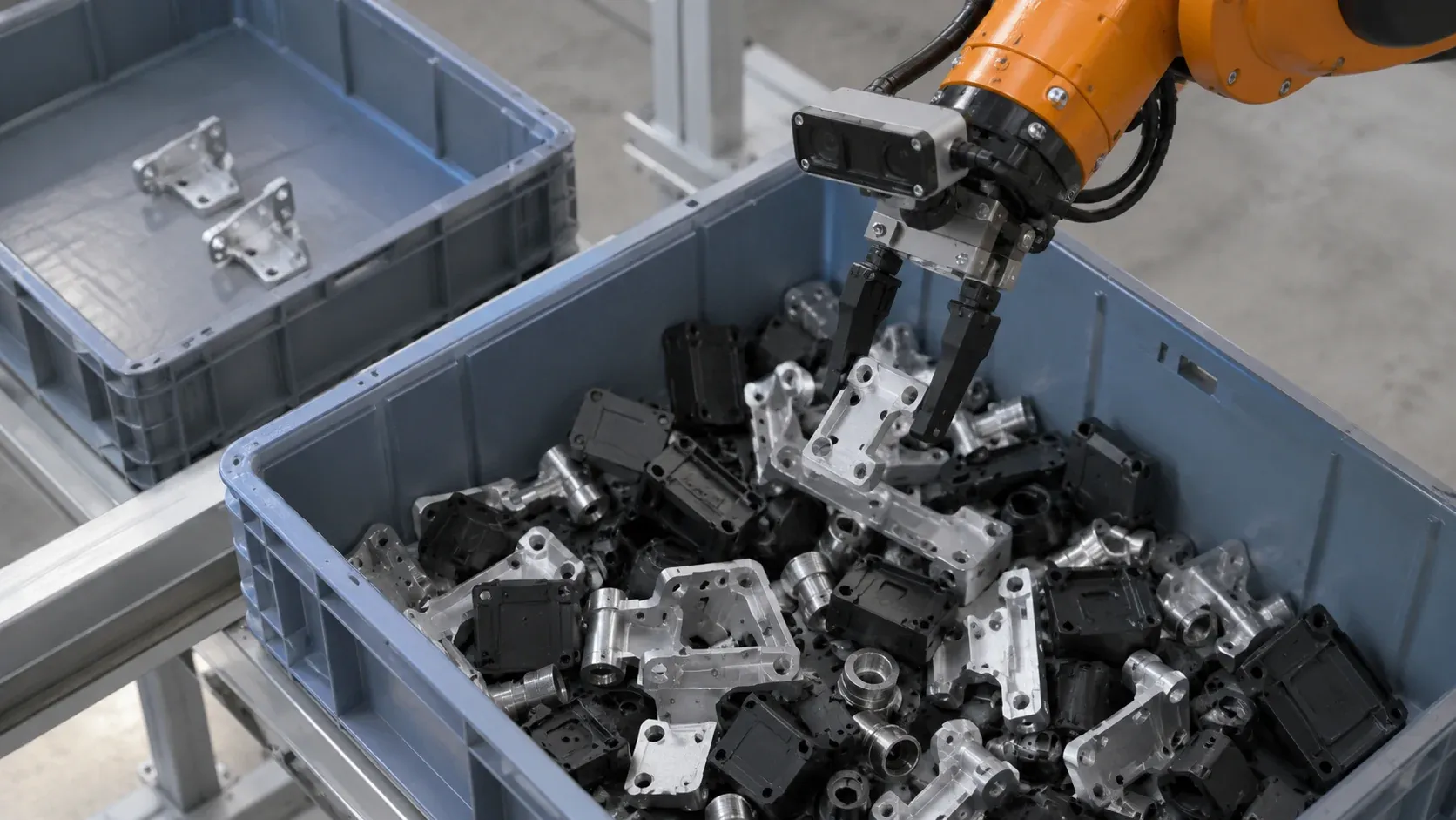 Una pinza robotica guidata da telecamera sceglie una staffa da un contenitore di componenti industriali misti.