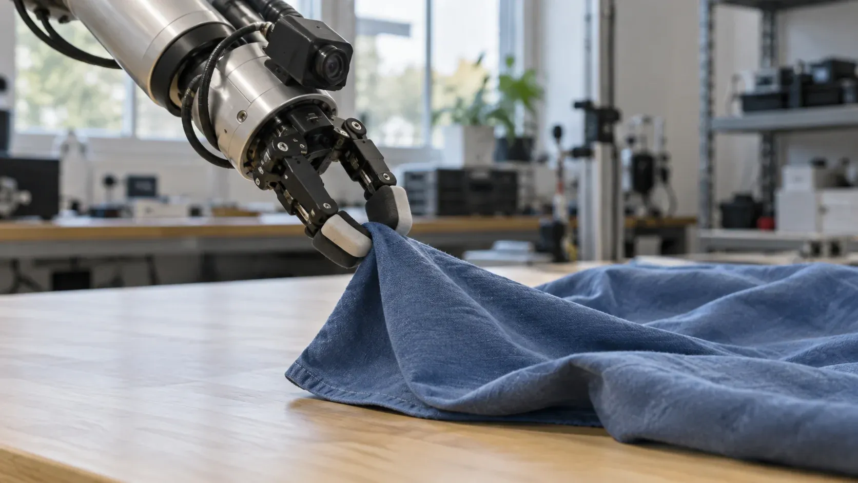 Una pinza robotica con telecamera solleva un tessuto piegato, illustrando percezione e azione attraverso un corpo fisico.