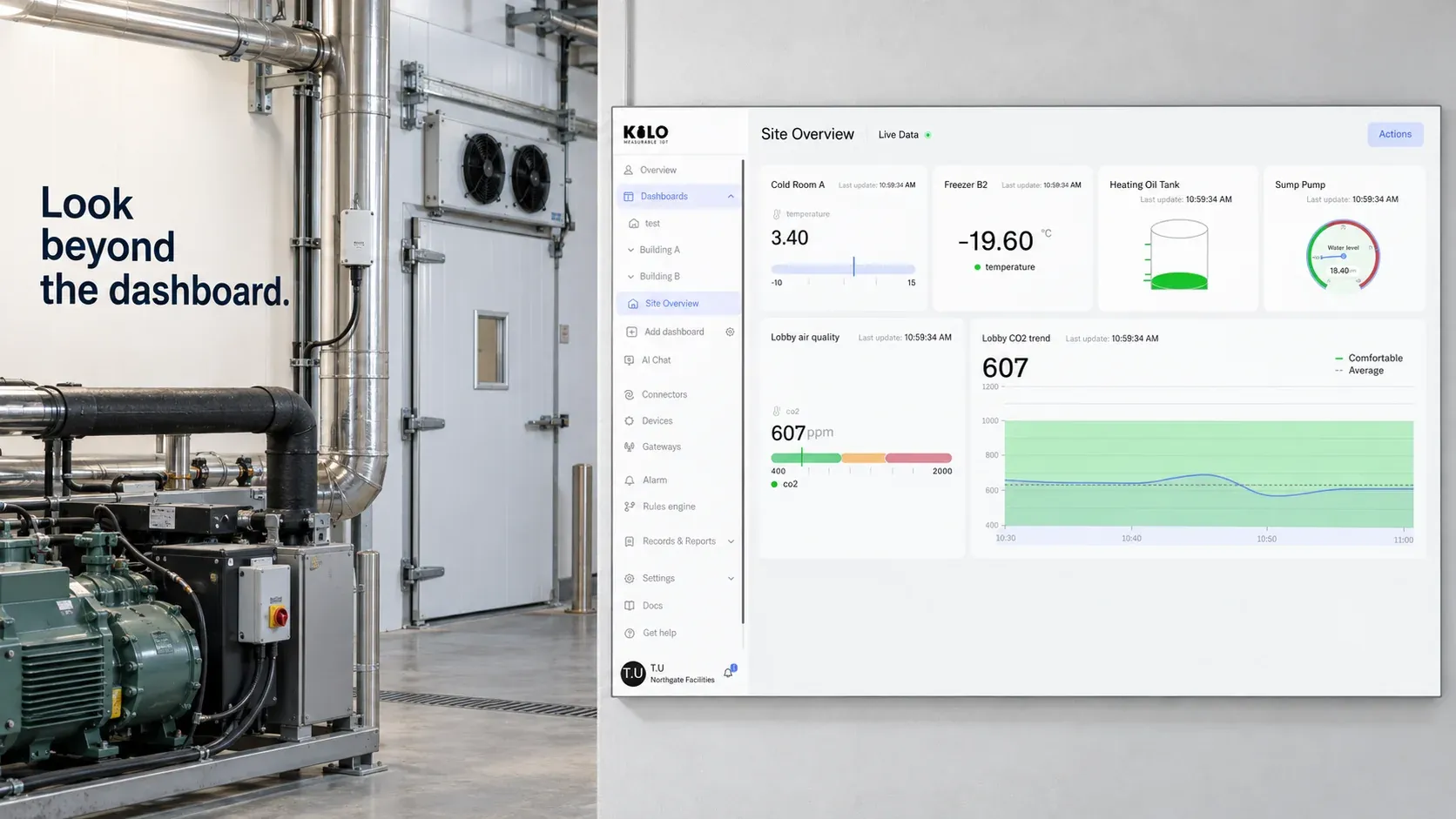 Impianti di refrigerazione industriale accanto alla dashboard Site Overview già esistente di Kilo.