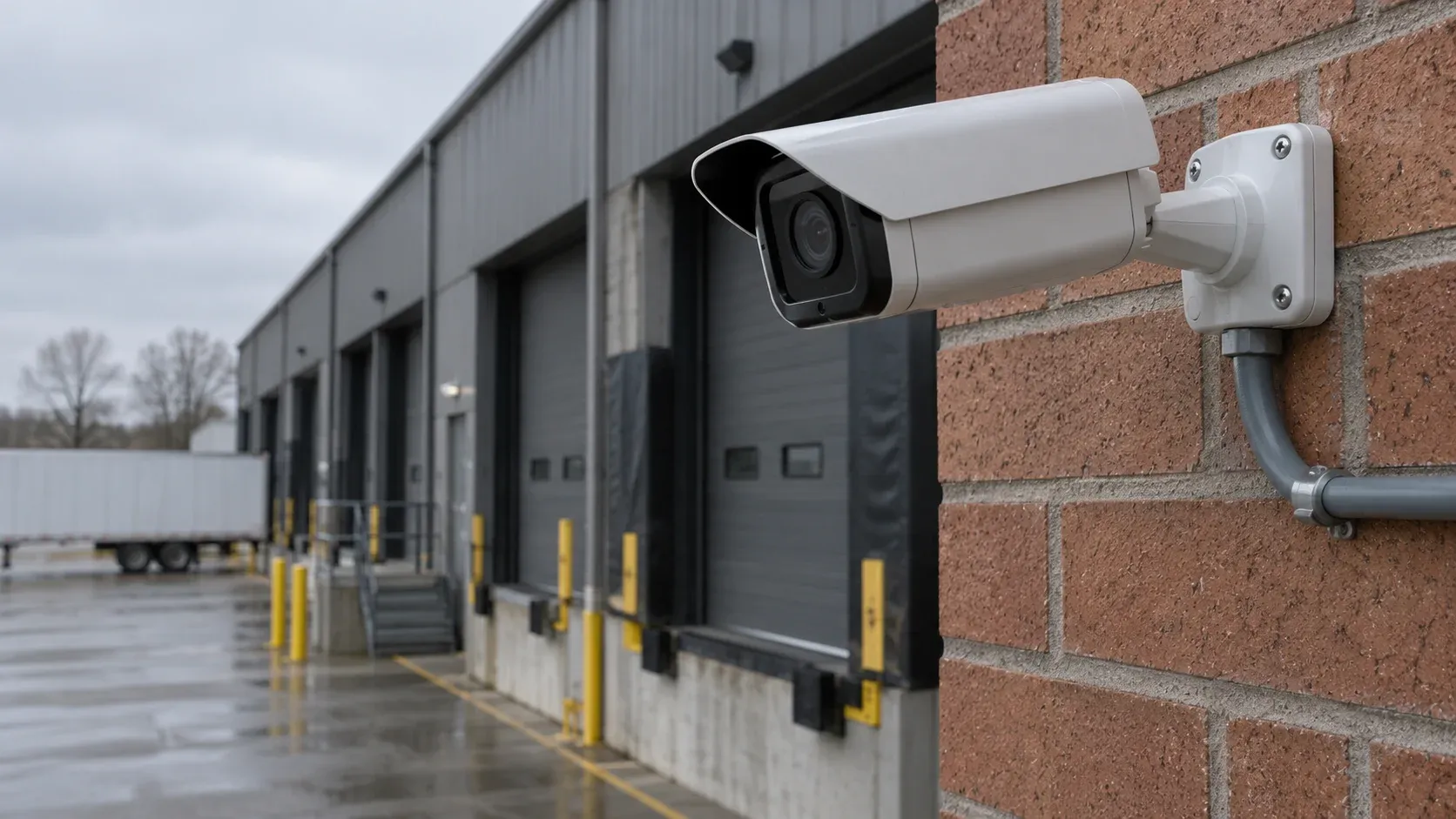 Telecamera di sicurezza IP rivolta verso la banchina di carico di un magazzino.