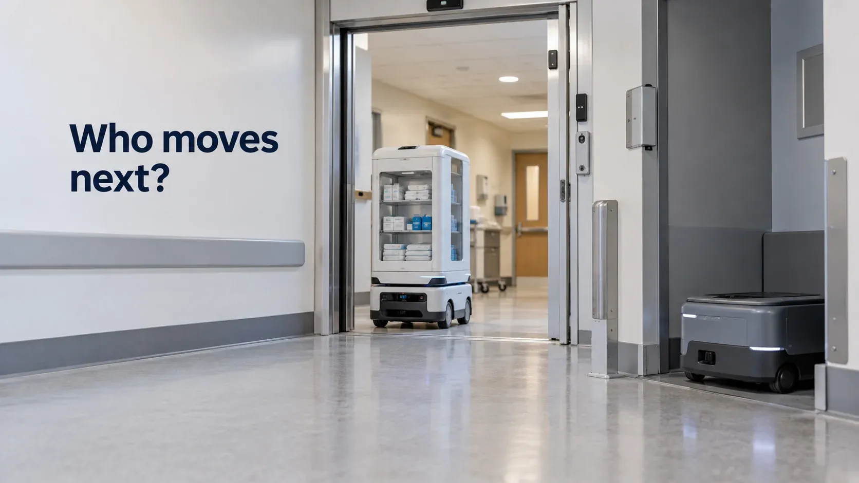 Un robot mobile per le consegne attraversa una porta condivisa mentre un altro aspetta fuori dal suo percorso.