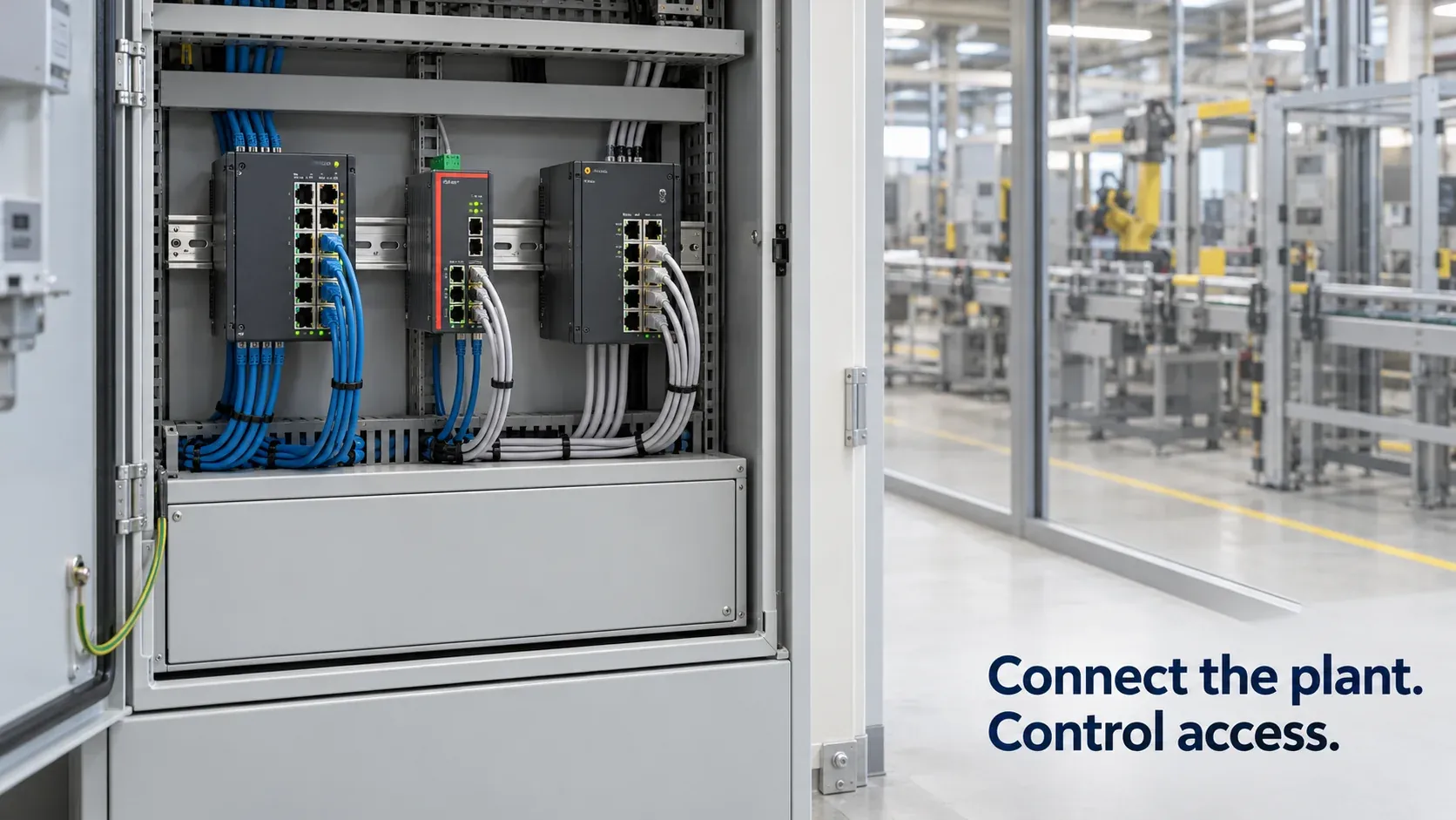 Un armadio di rete industriale con collegamenti di switch separati e un firewall accanto al reparto produttivo.