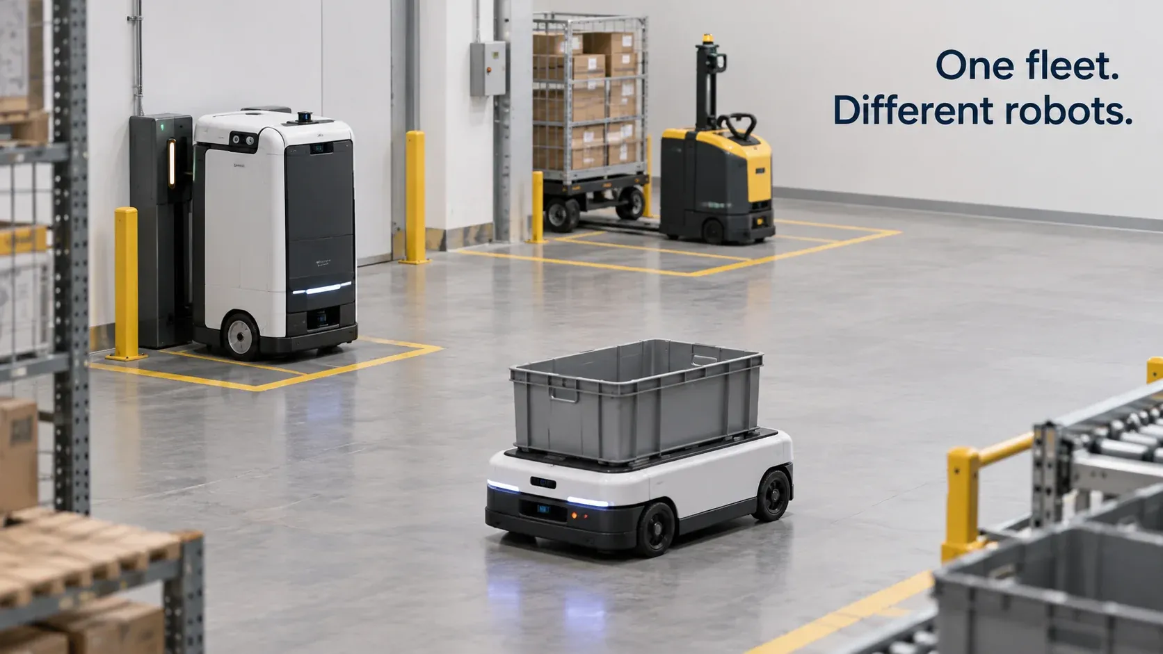 Tre robot mobili diversi al lavoro, in carica e in attesa all’interno della flotta di un centro di distribuzione.