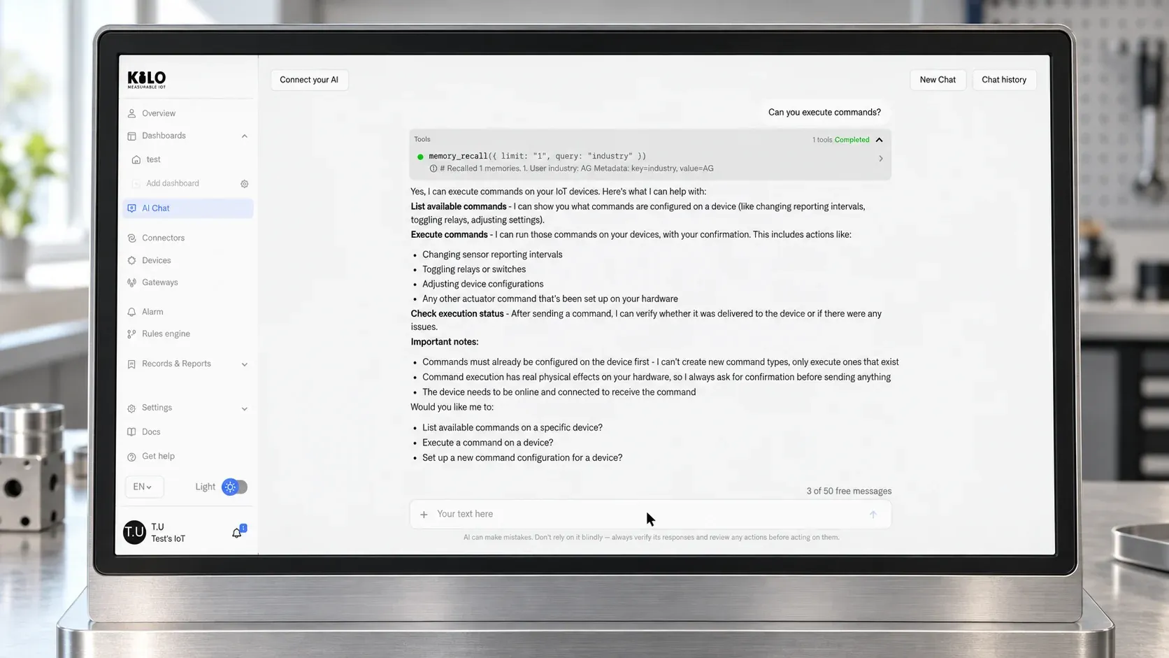 L’assistente IA di Kilo mostra comandi configurati e la relativa conferma