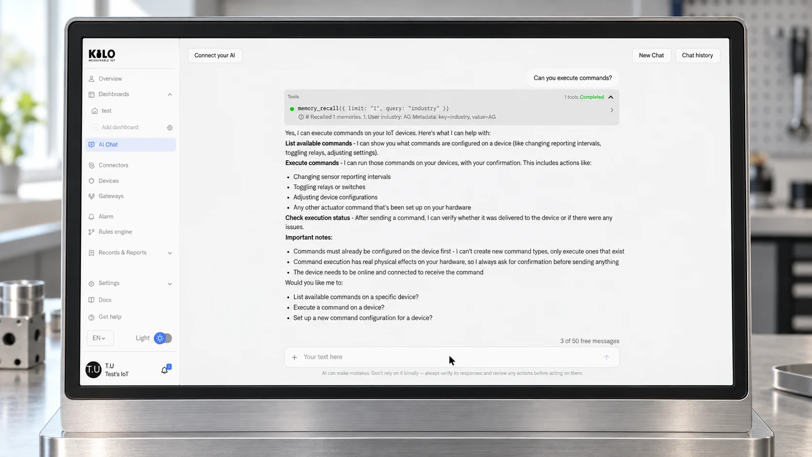 Kilo AI Assistant displaying configured device commands and a confirmation workflow