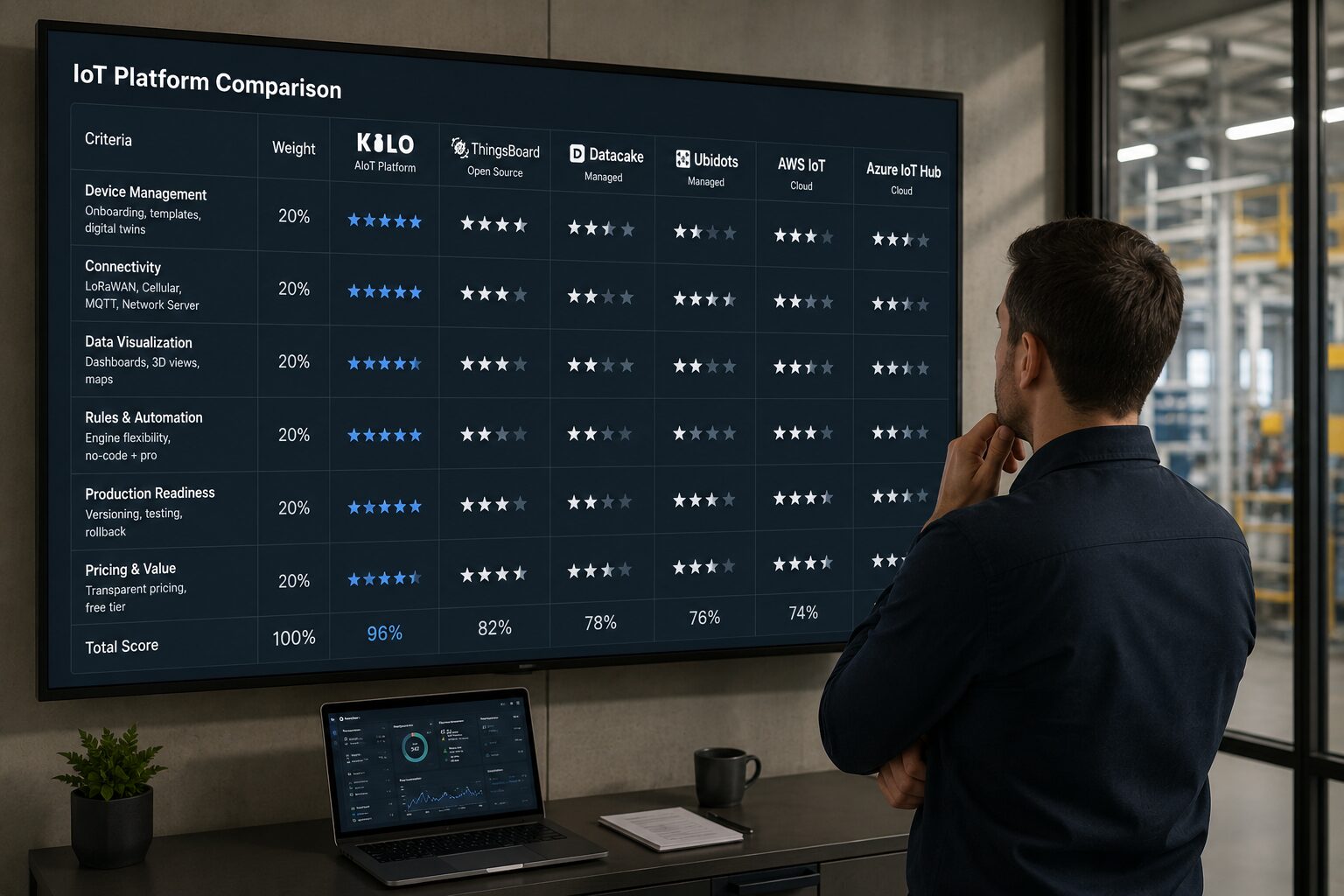 Comparaison de plateformes IoT — critères d'évaluation et tableaux de bord côte à côte