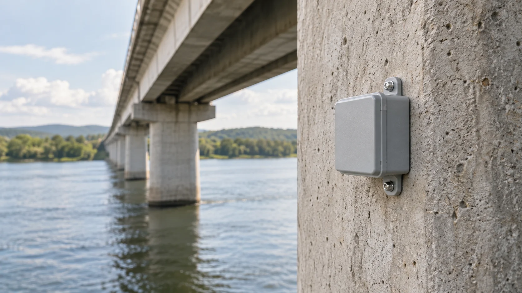 Sensore wireless fissato a una pila in calcestruzzo di un ponte sopra un fiume.