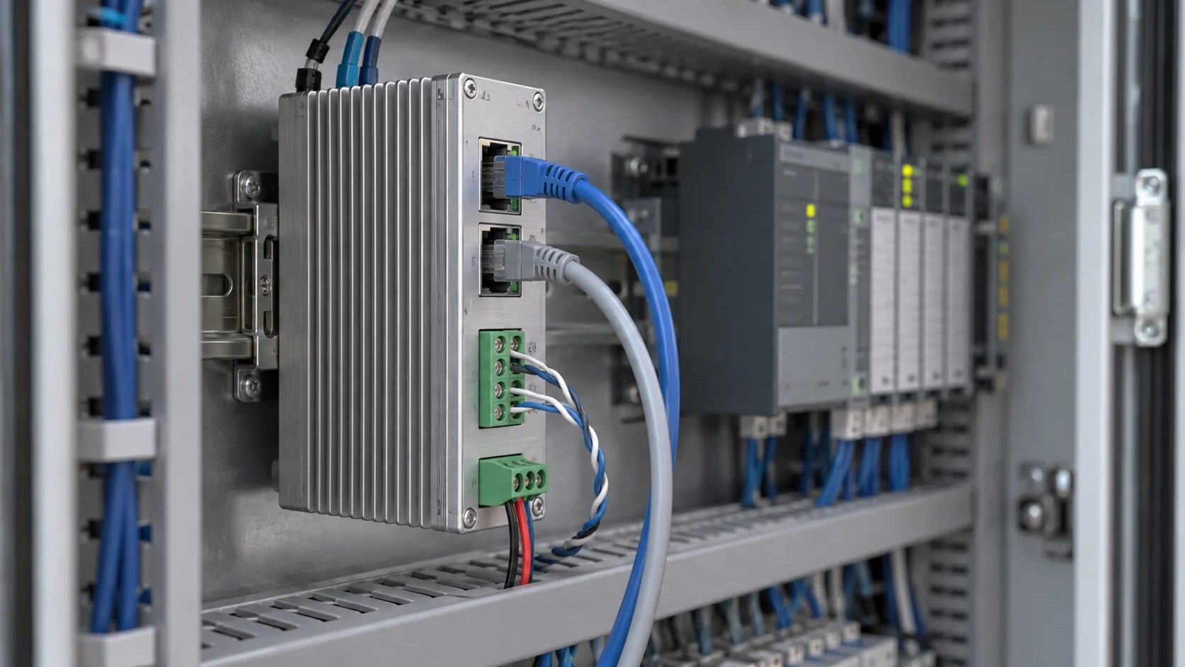 Un gateway industriale su guida DIN collega cablaggi Ethernet e seriali accanto a un PLC.