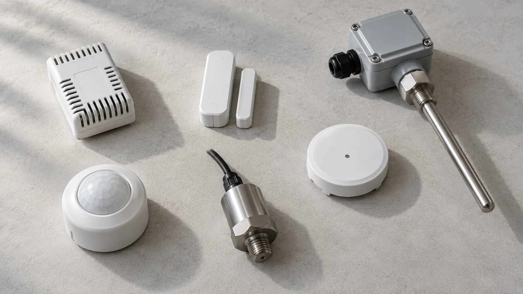 Sei diversi sensori IoT fisici per clima, porte, perdite d’acqua, presenza, vibrazioni e misura di livello.