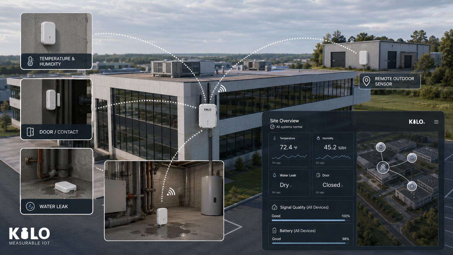 Capteurs LoRaWAN remontant vers une passerelle et un tableau de bord en direct sur un grand site