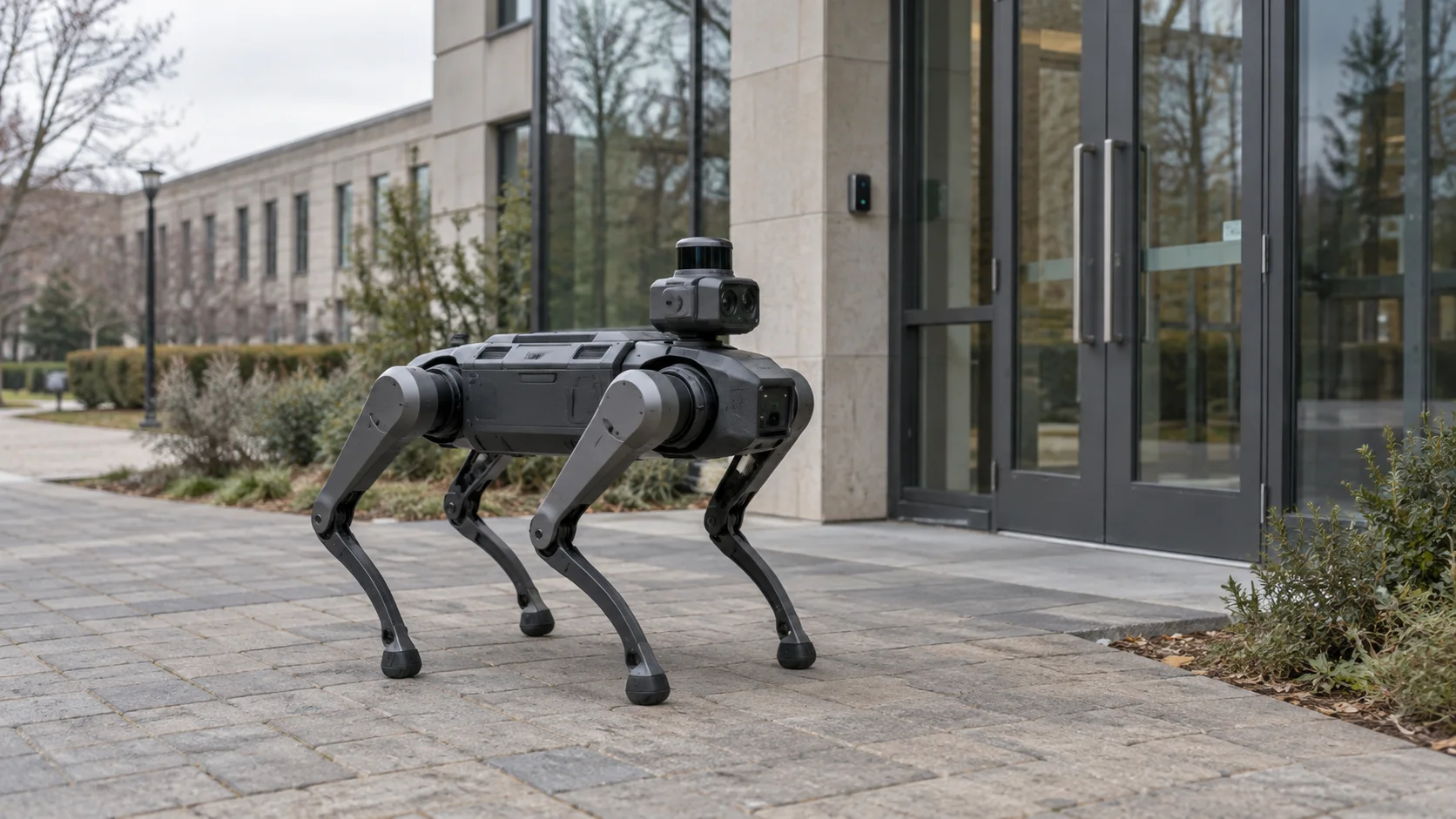 Robot di ispezione quadrupede accanto all'ingresso di un edificio universitario.
