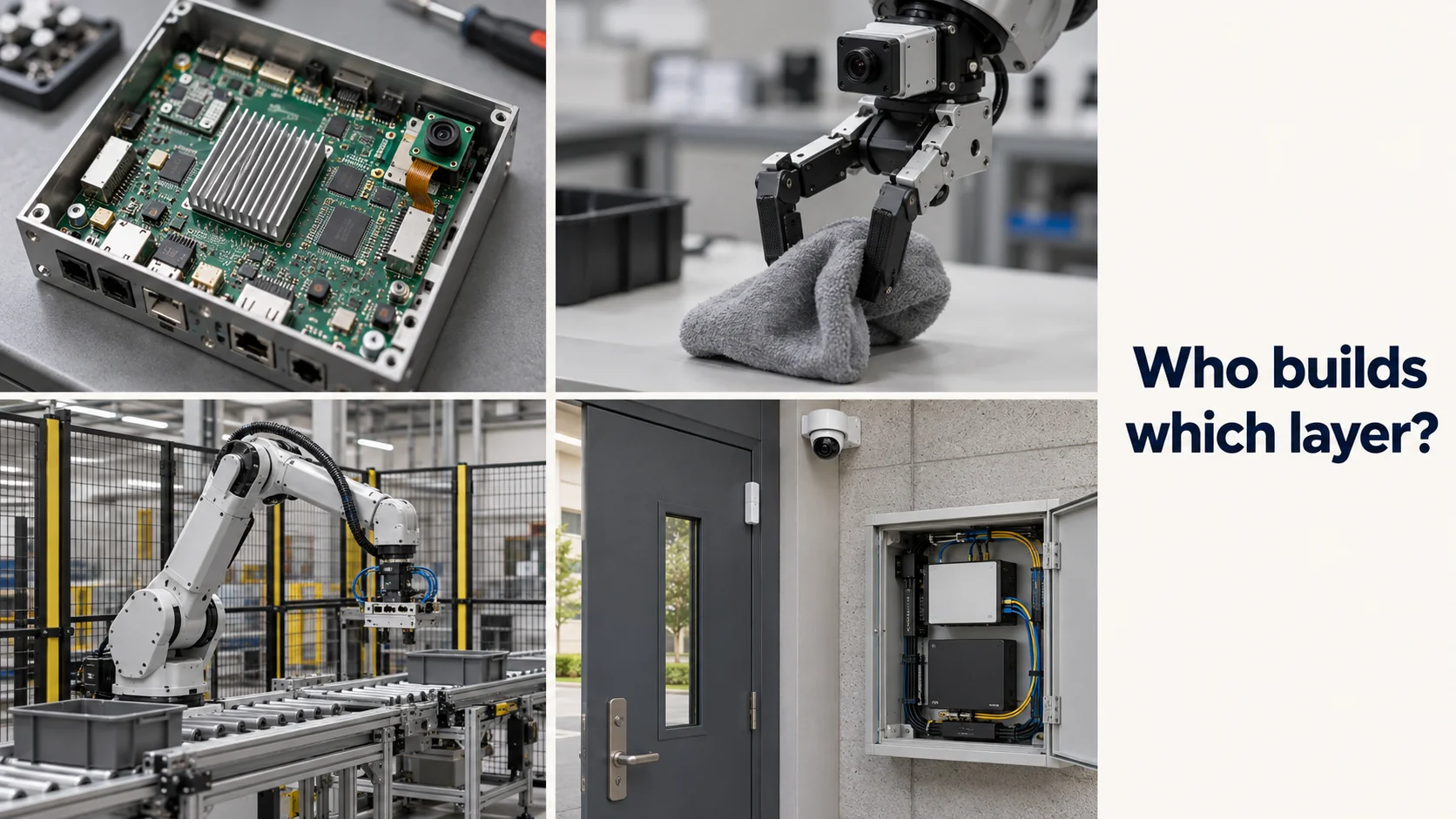 Quattro foto di calcolo embedded, una pinza con telecamera, una cella robotizzata e impianti connessi, accanto al testo “Who builds which layer?”.