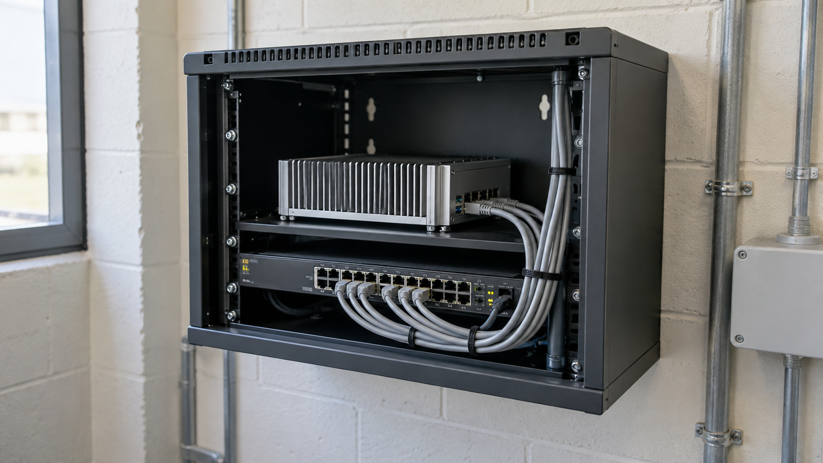 An industrial computer and network switch inside a small equipment cabinet