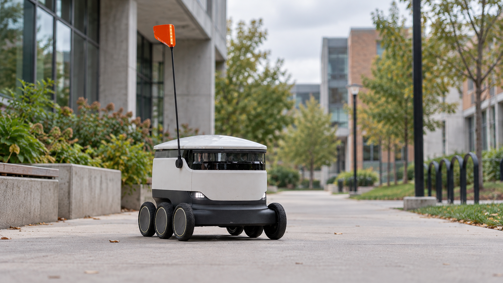 A six-wheeled delivery robot on a quiet campus path