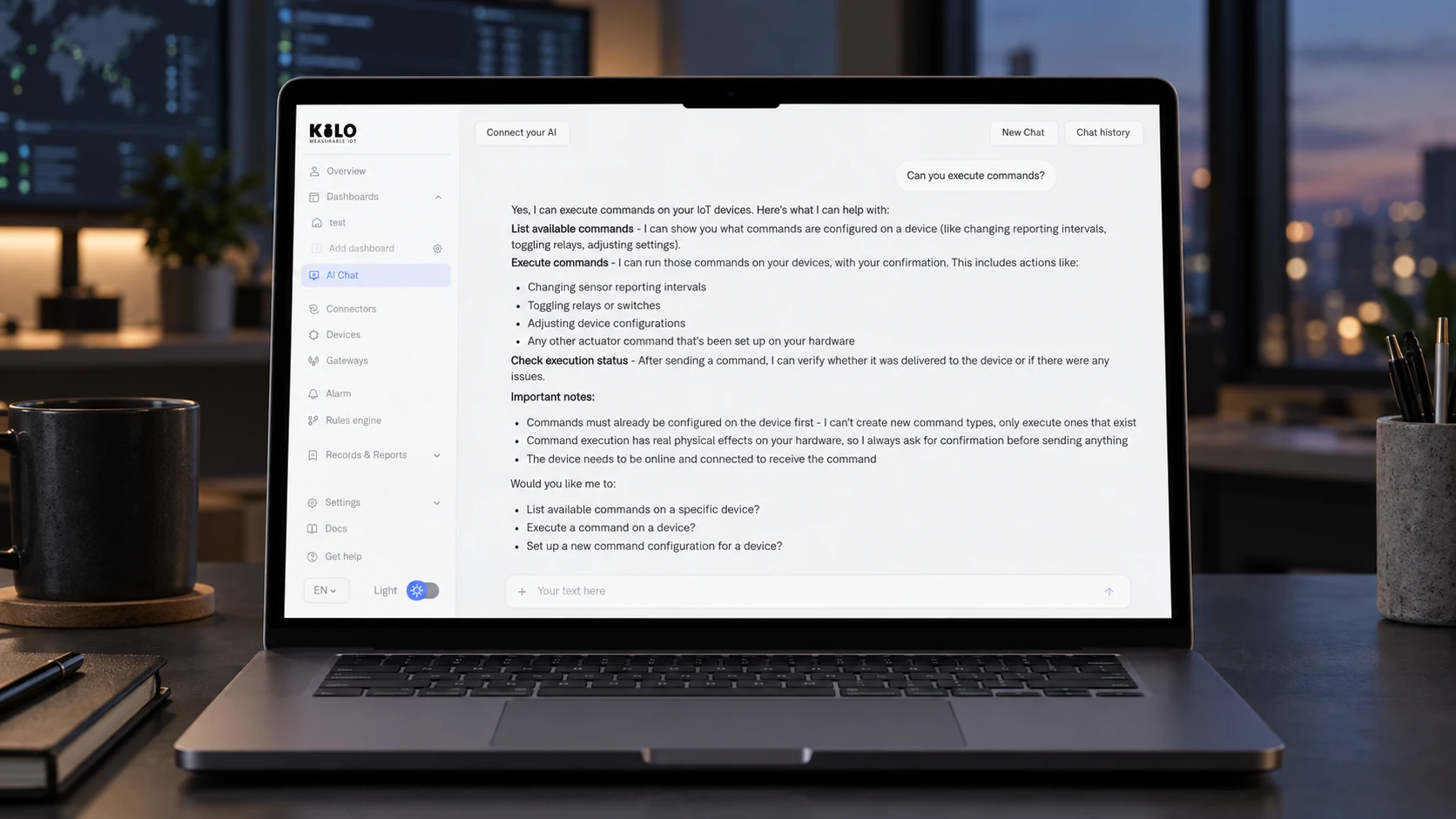Kilo AI Assistant displaying configured device commands and a confirmation workflow