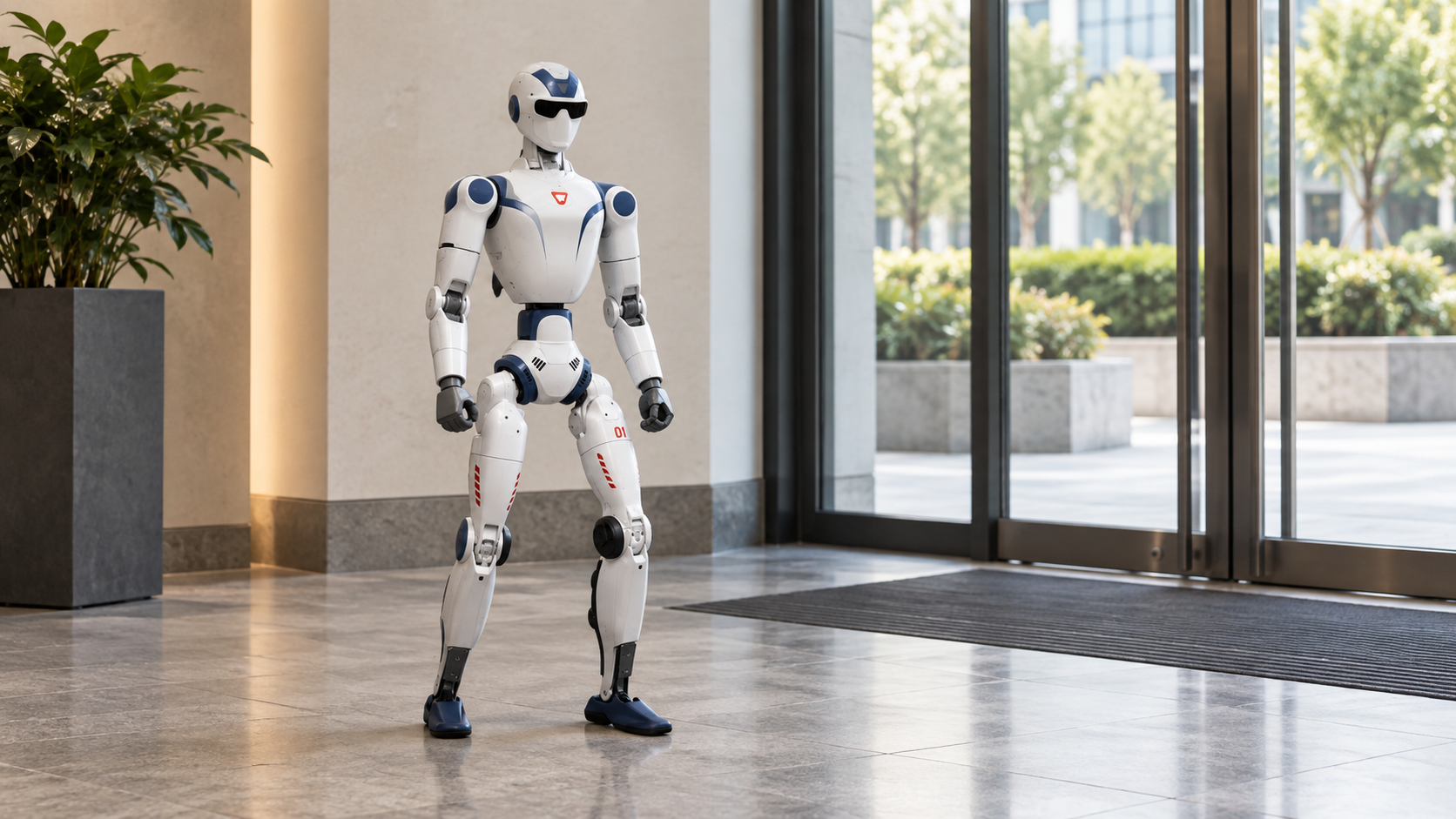 A compact white humanoid robot standing in a bright building lobby