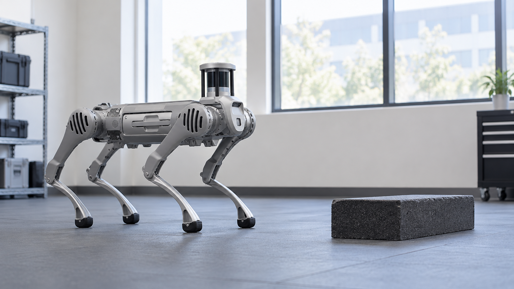 A quadruped robot beside a low foam obstacle in a testing room