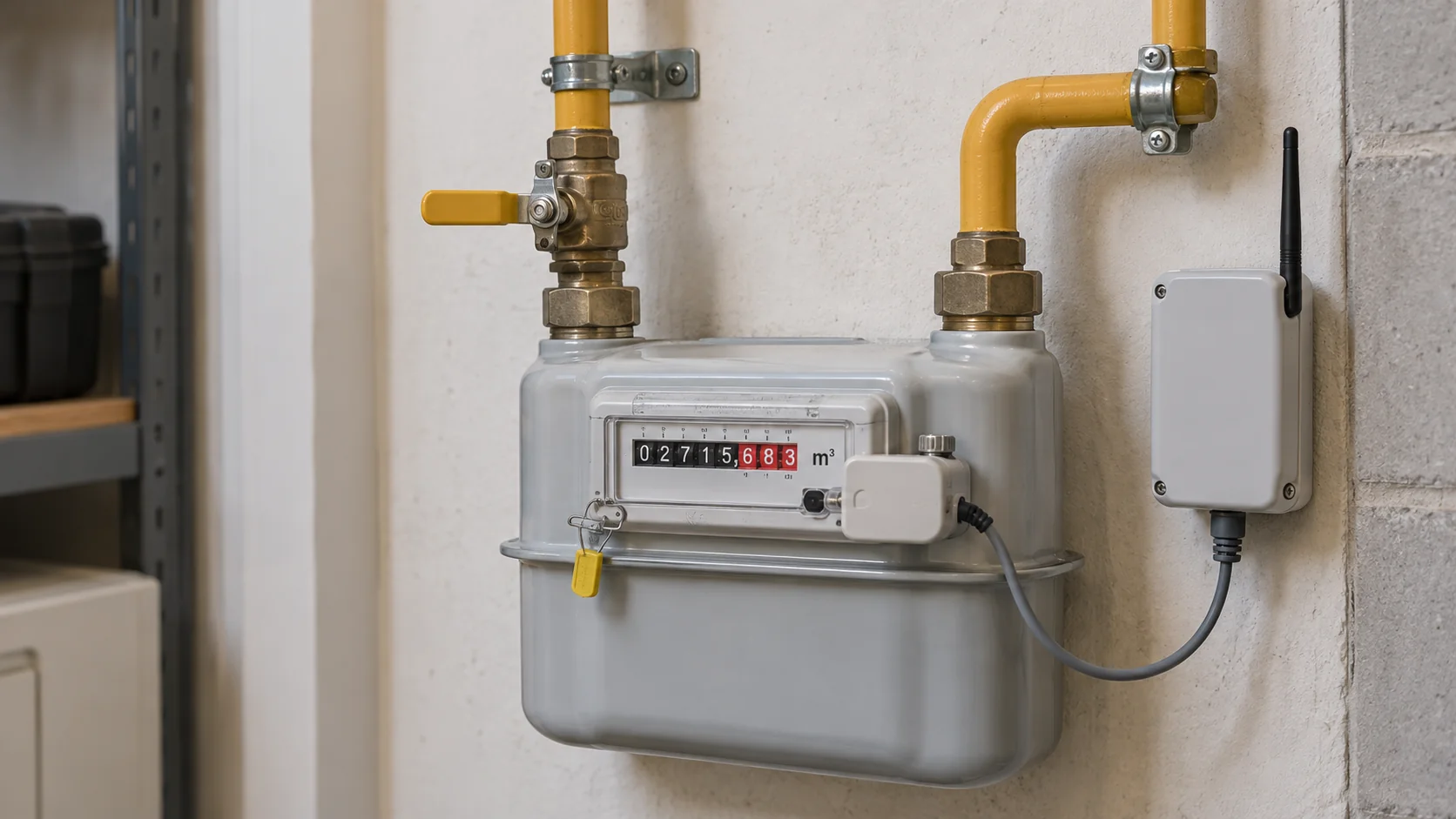 Un contatore del gas con lettore di impulsi in retrofit e modulo radio su una tubazione del gas fissata saldamente.