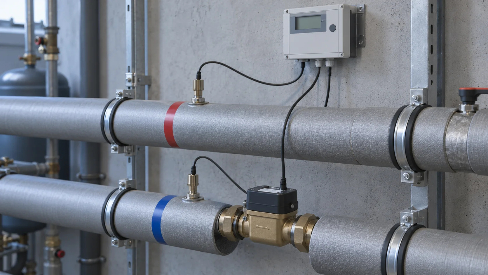 Un’unità di calcolo per contatore di calore collegata a un misuratore di portata e a una coppia di sonde di temperatura su tubi di mandata e di ritorno separati.