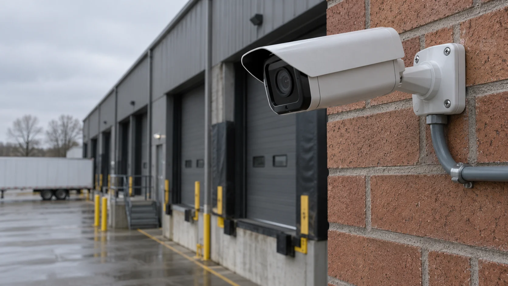 Telecamera di sicurezza IP rivolta verso la banchina di carico di un magazzino.
