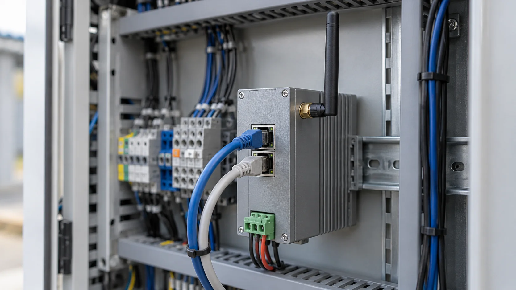 Gateway industriale con connessioni Ethernet dentro un quadro elettrico.