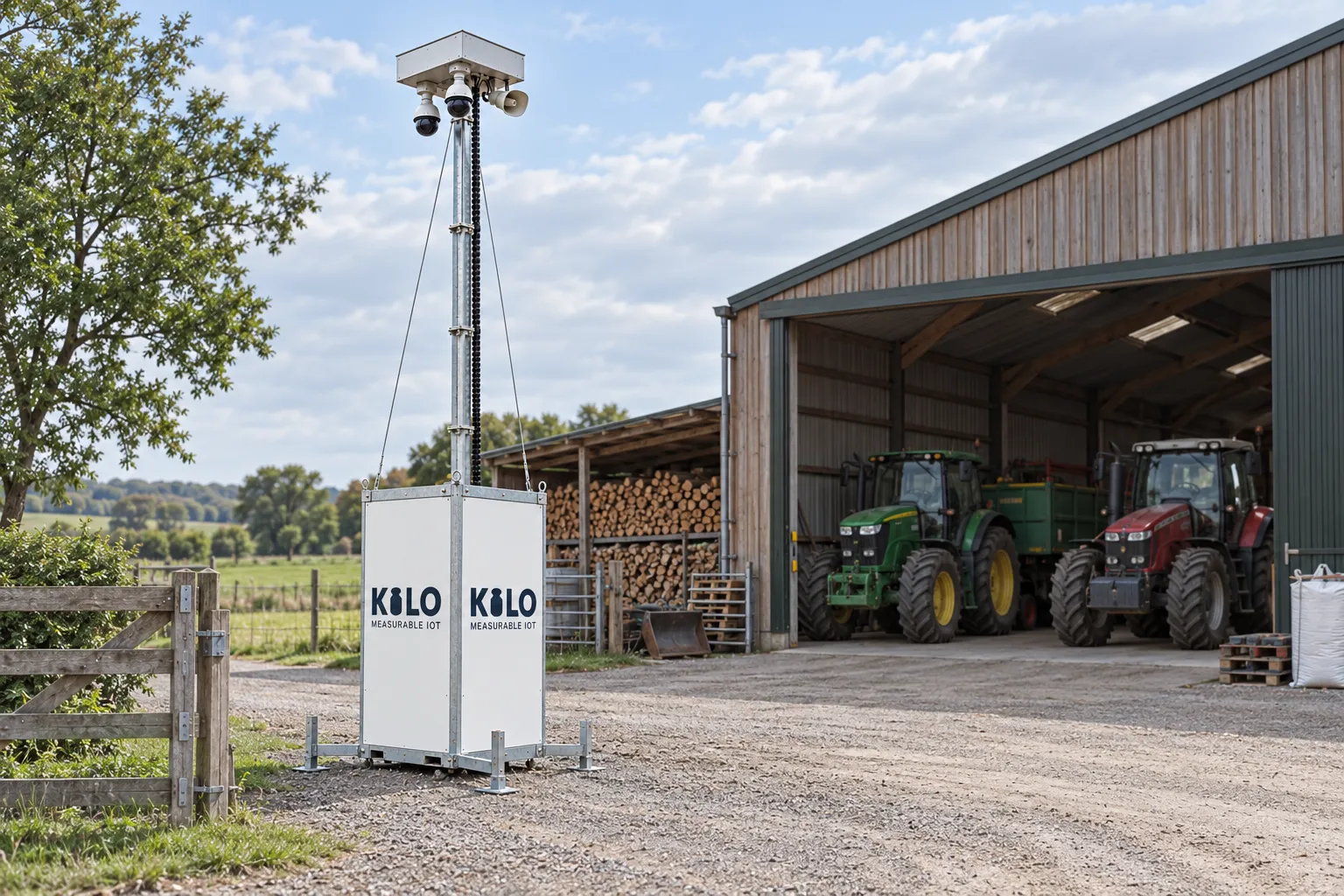 Kilo tower beside farm machinery and a timber store