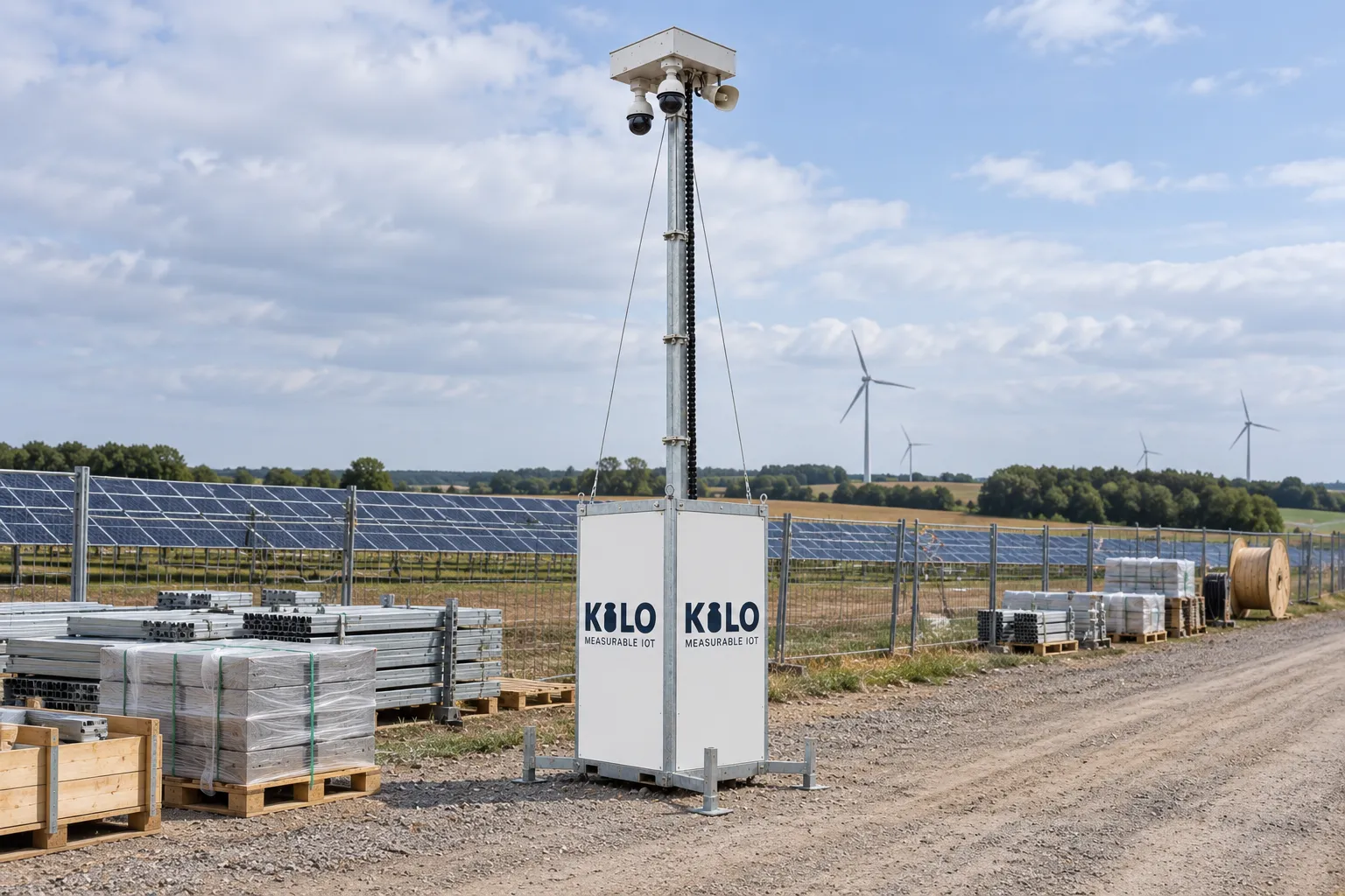 Kilo tower near a solar installation and access road