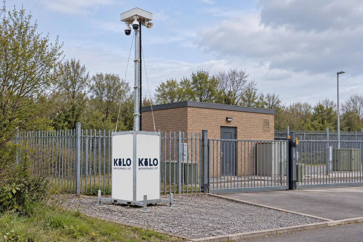 Kilo tower beside a fenced utility service compound