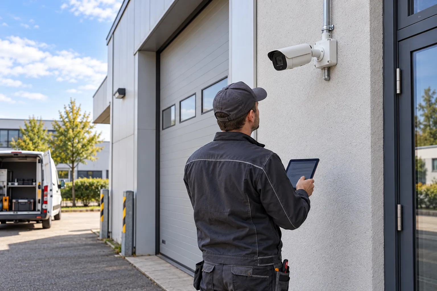 Technician fitting a fixed bullet camera to a business building