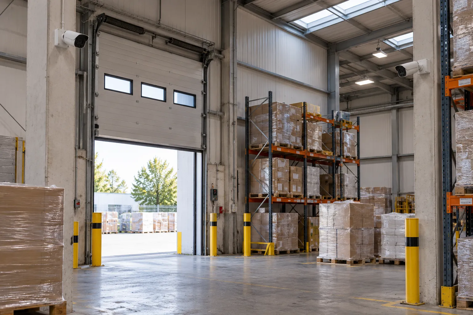 Fixed cameras overlooking warehouse goods and loading areas