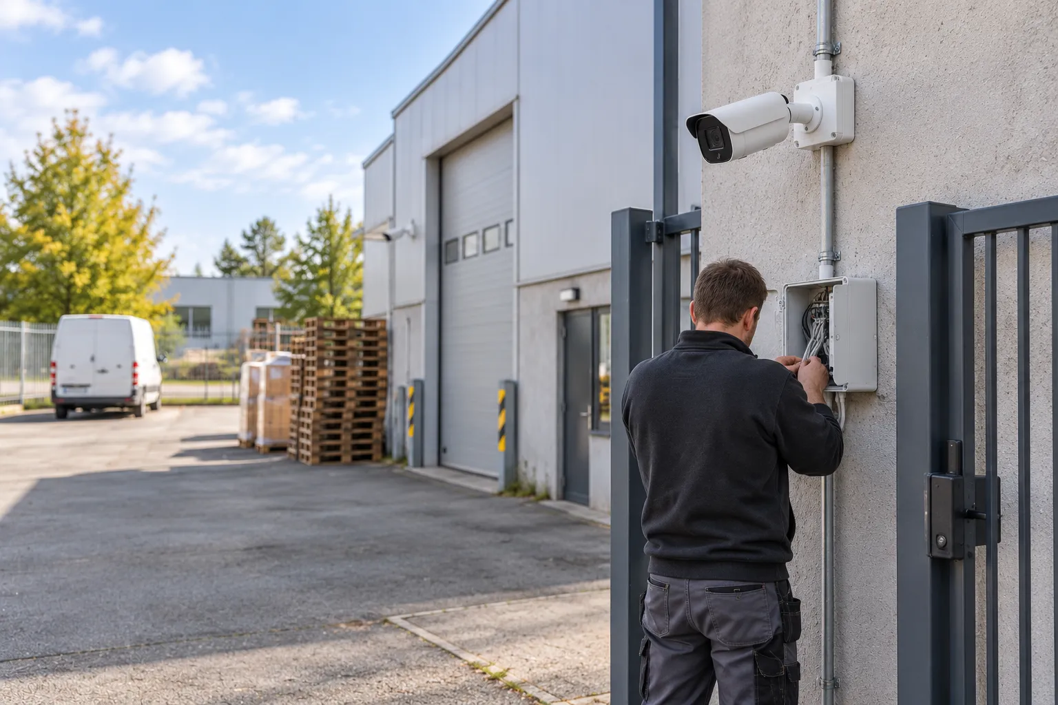 Technician checking installed camera equipment