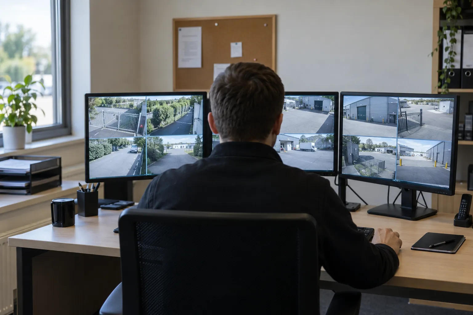 Video monitoring workstation with an operator reviewing camera feeds