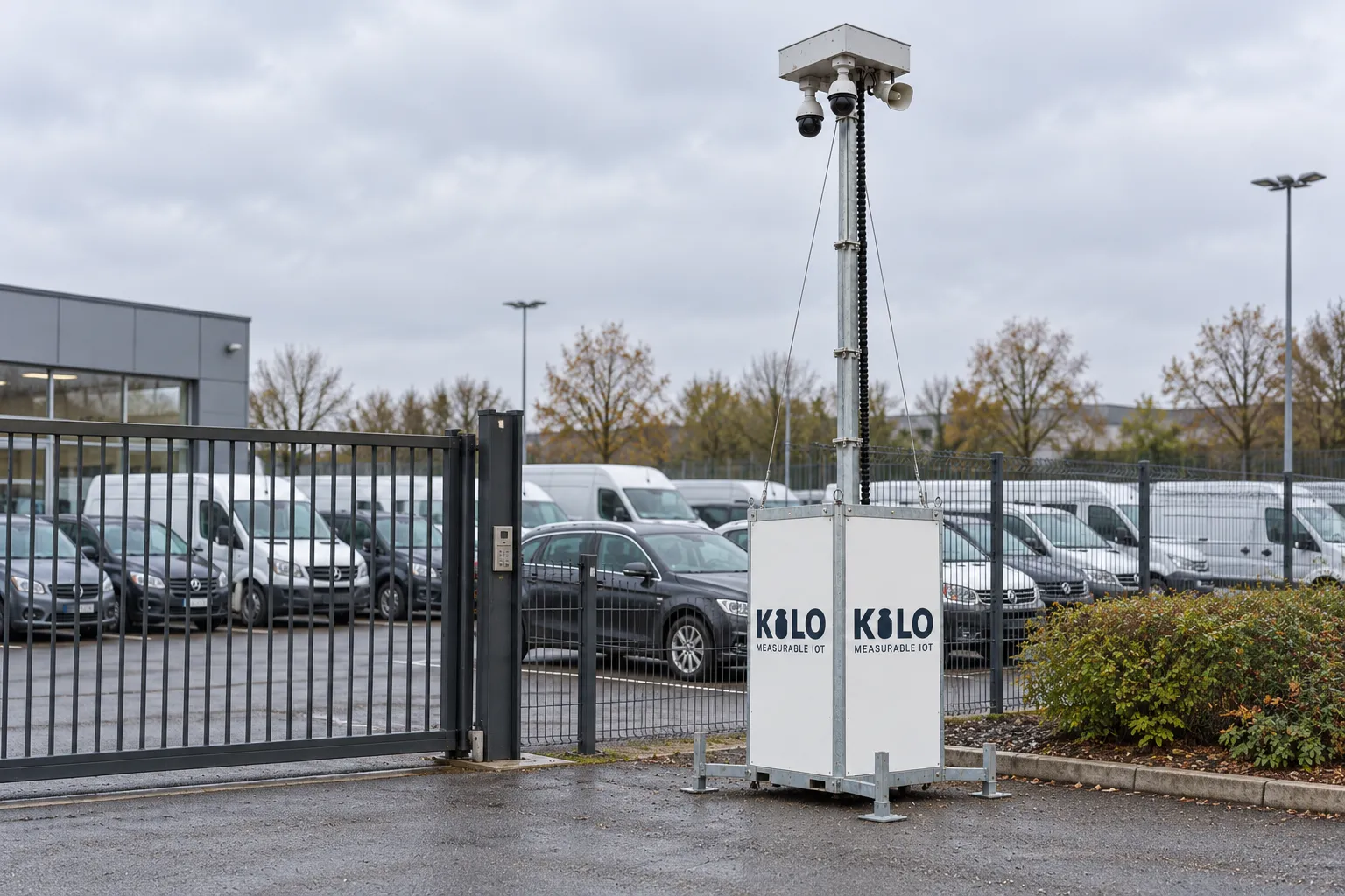 Kilo tower beside a fenced yard with vans and cars