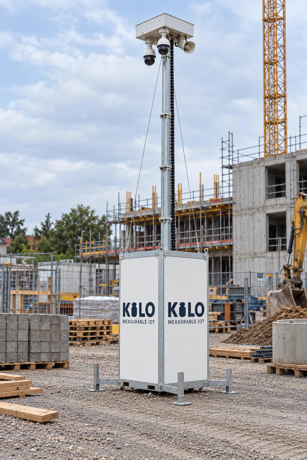 White Kilo CCTV tower beside scaffolding and construction materials