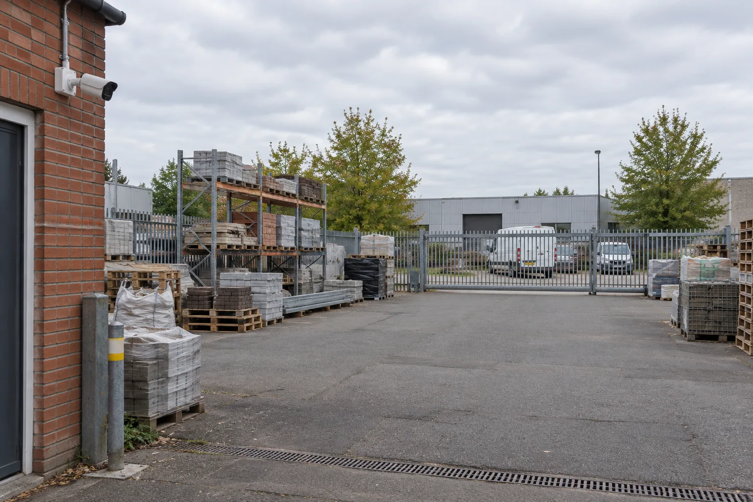 Fixed camera viewing a commercial yard and gate