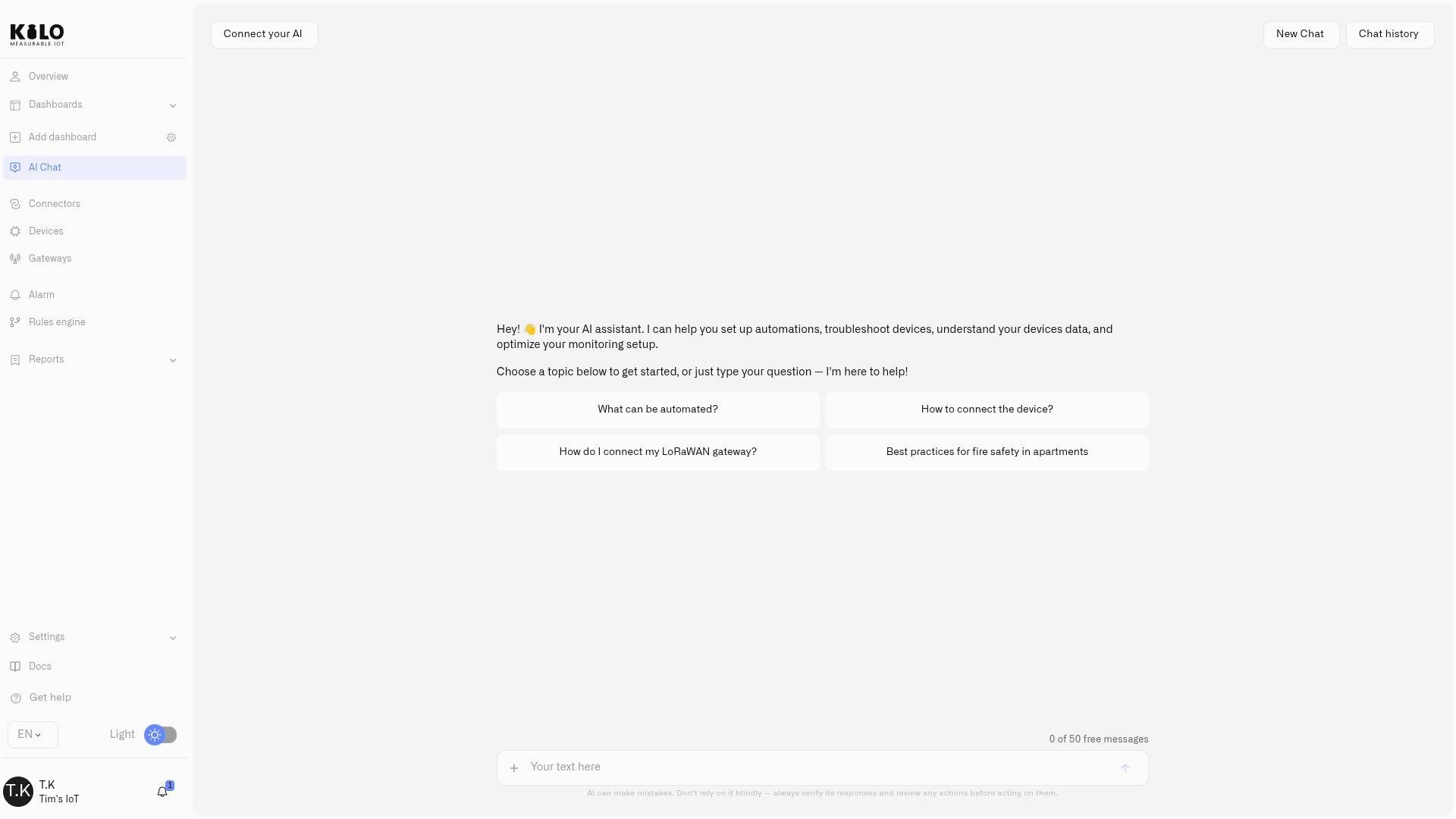 The Kilo AI assistant answering questions and building automation from live deployment data